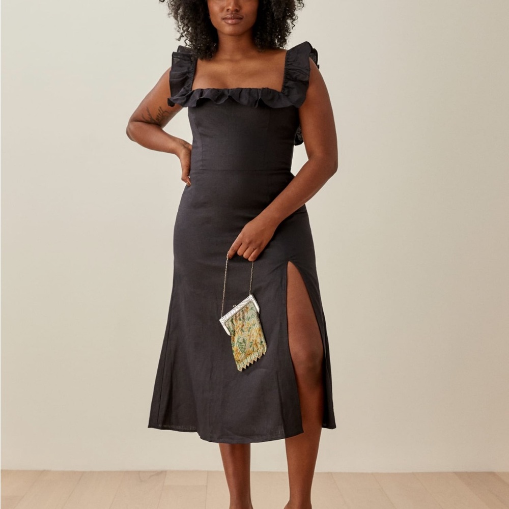 Reformation Black Ruffled Square-Neck Midi Dress